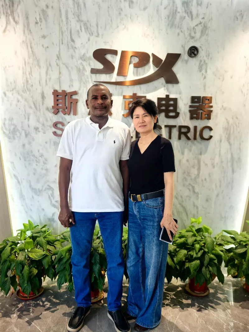 عميل خارجي يتفقد إنتاج MCCB وموصل التيار المتردد وVFD في مصنع SPX ELECTRIC